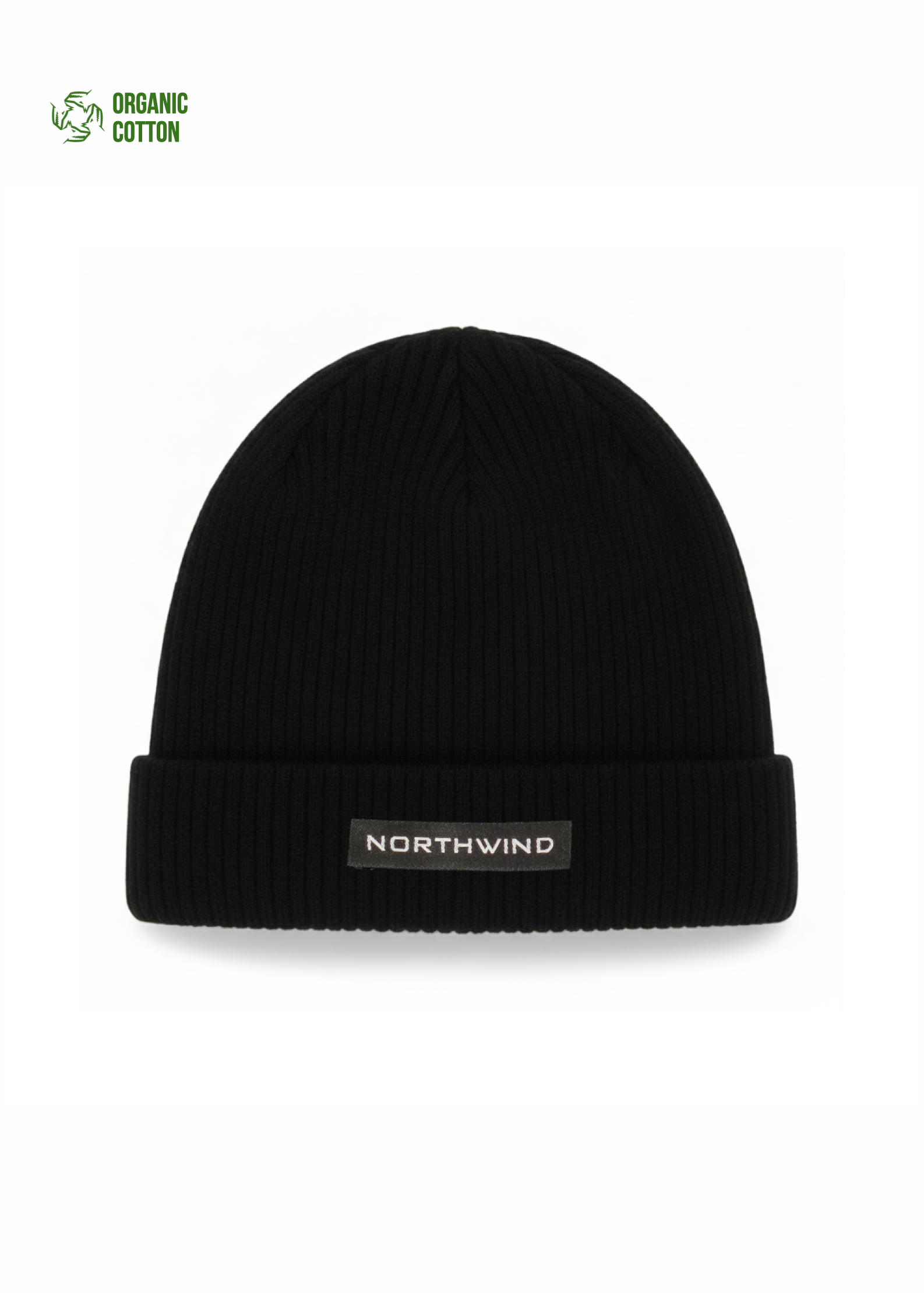 Organic cotton Northwind Black beanie with 'Northwind' logo on a white background