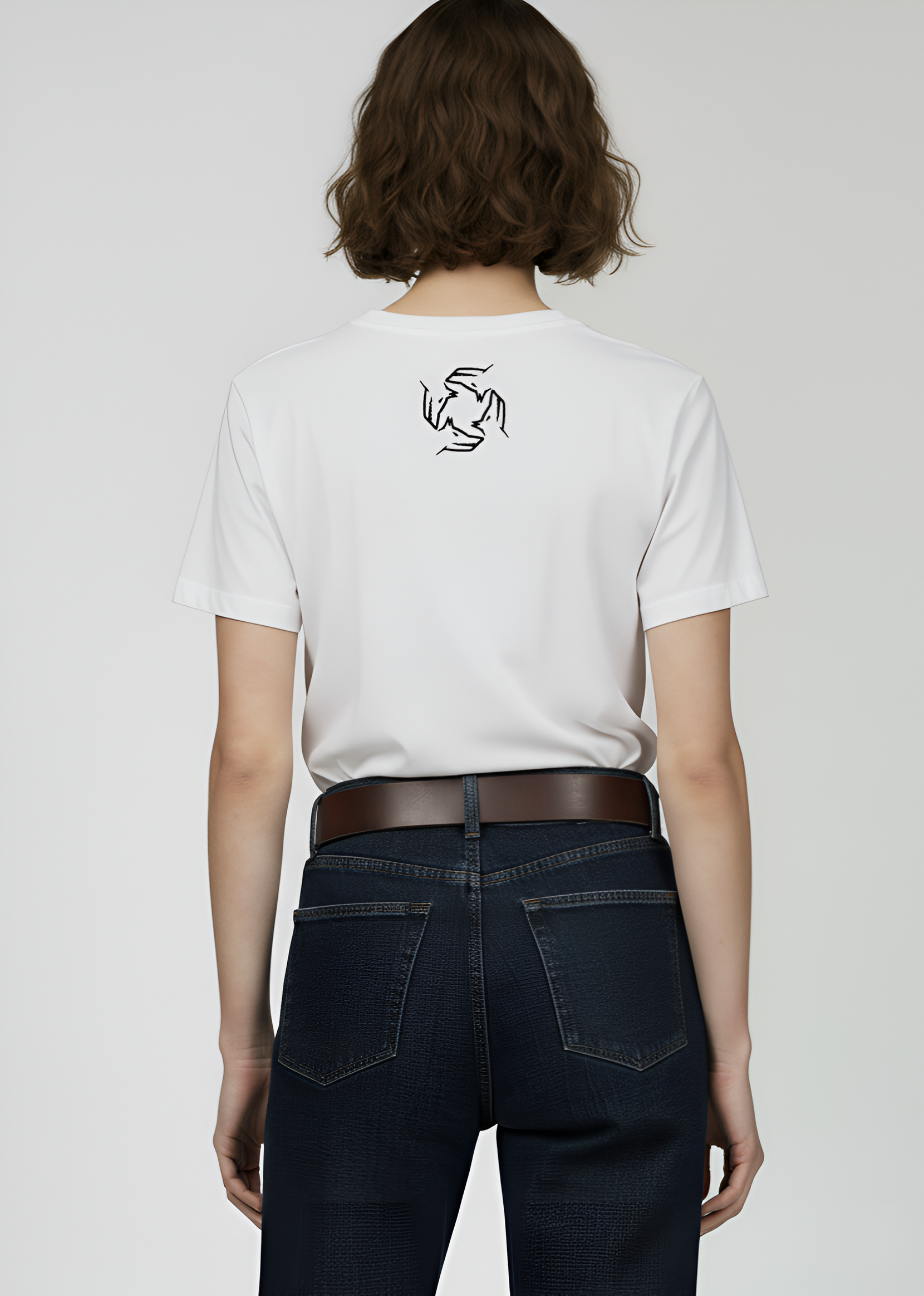 Person wearing a white Northwind t-shirt with a logo on the back, standing against a plain background