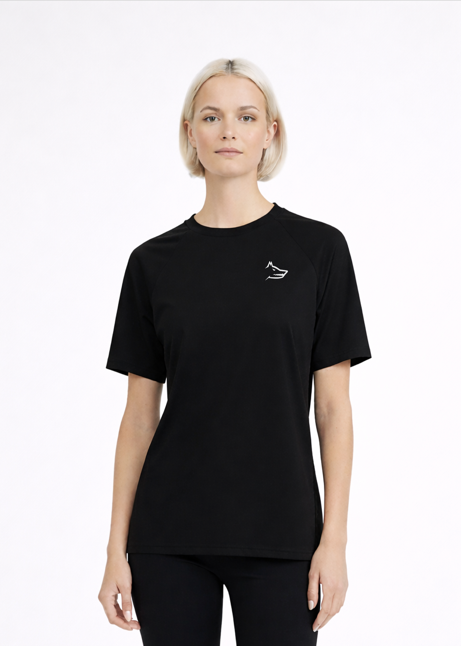 Woman wearing a black Northwind activewear t-shirt with Northwind wolf logo on the chest