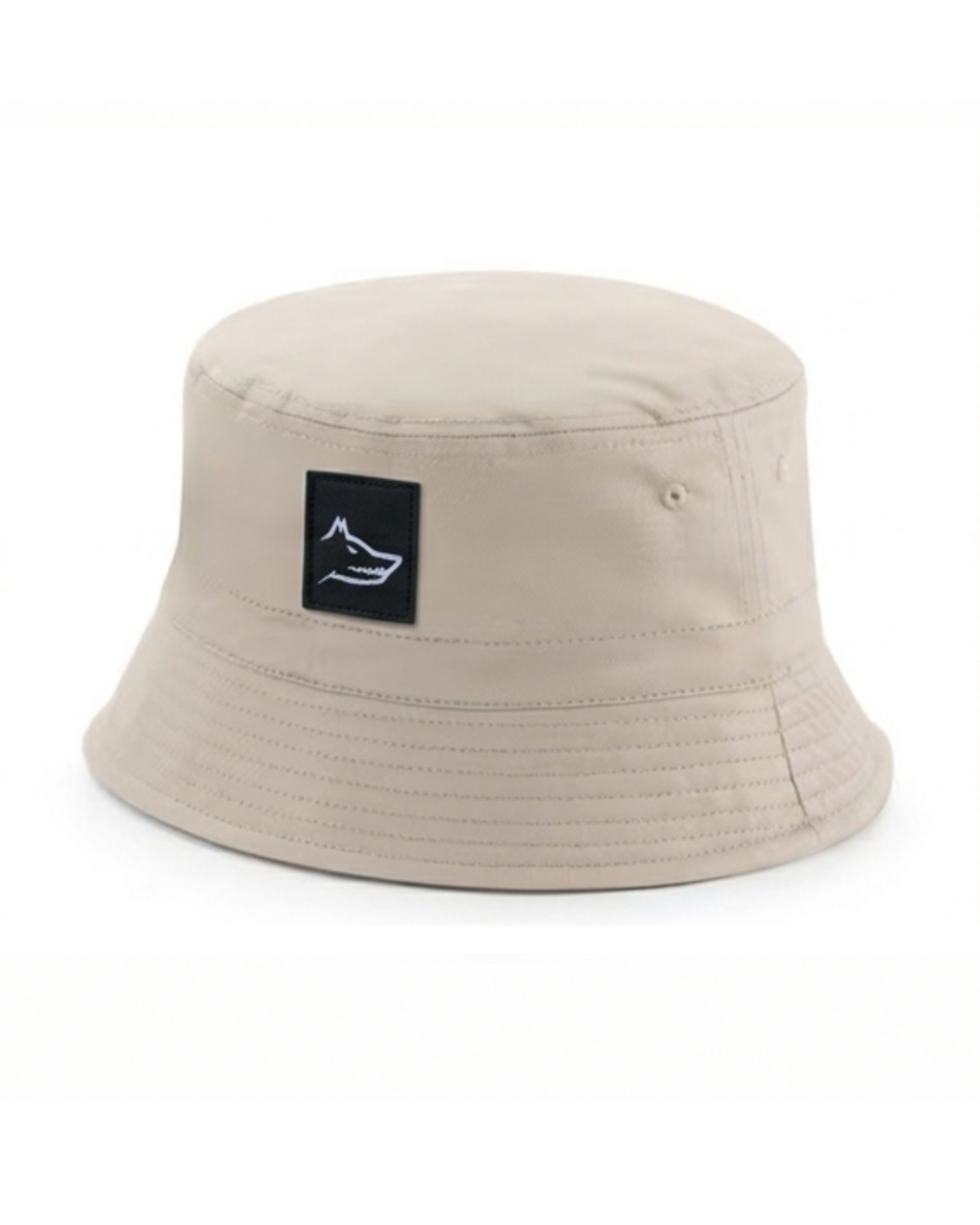 Beige bucket hat with a black wolf logo on a white background
