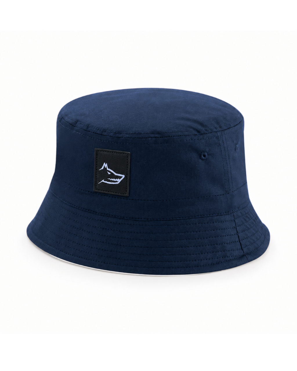 Navy blue bucket hat with a logo patch on a white background