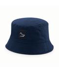 Navy blue bucket hat with a logo patch on a white background