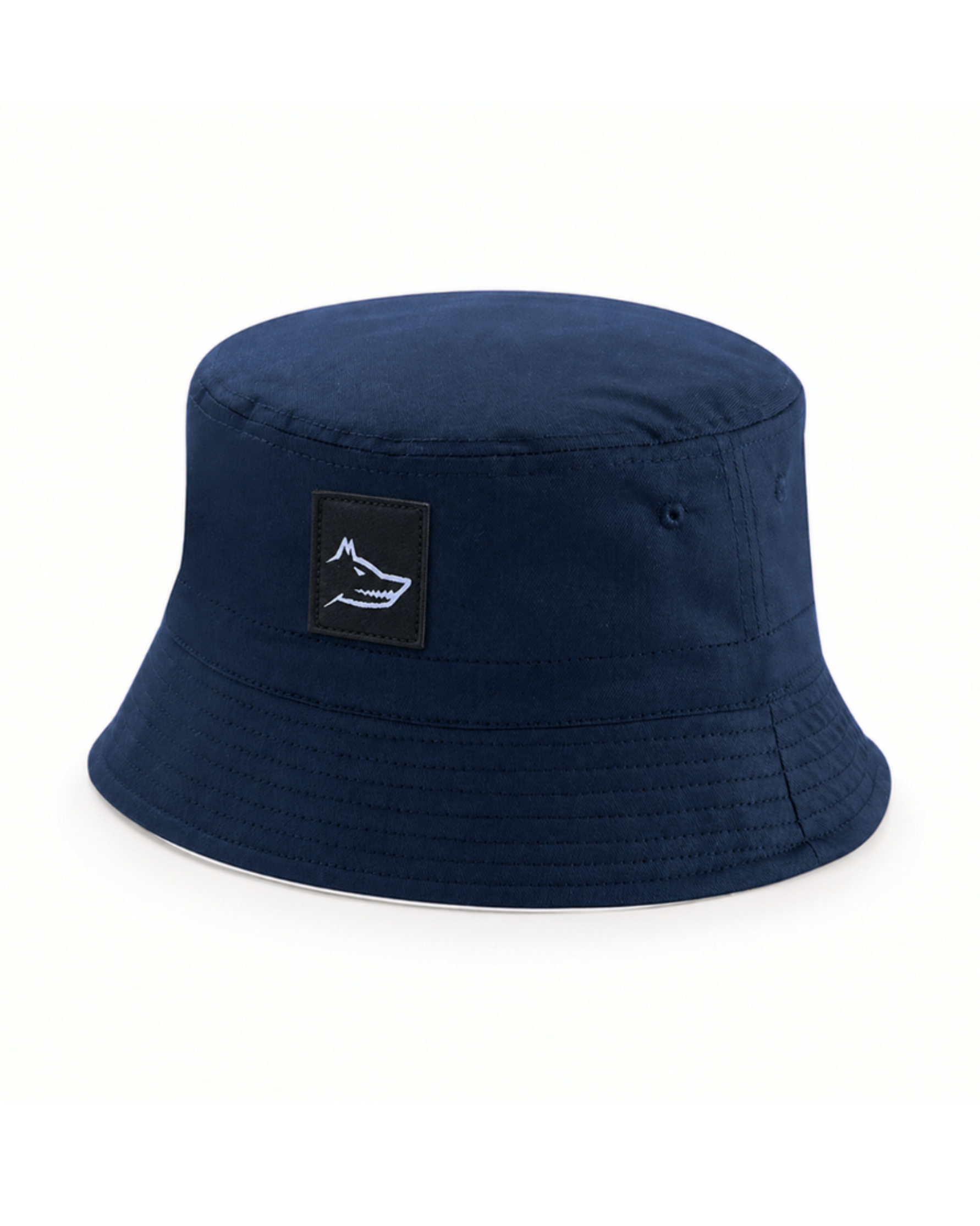 Navy blue bucket hat with a logo patch on a white background