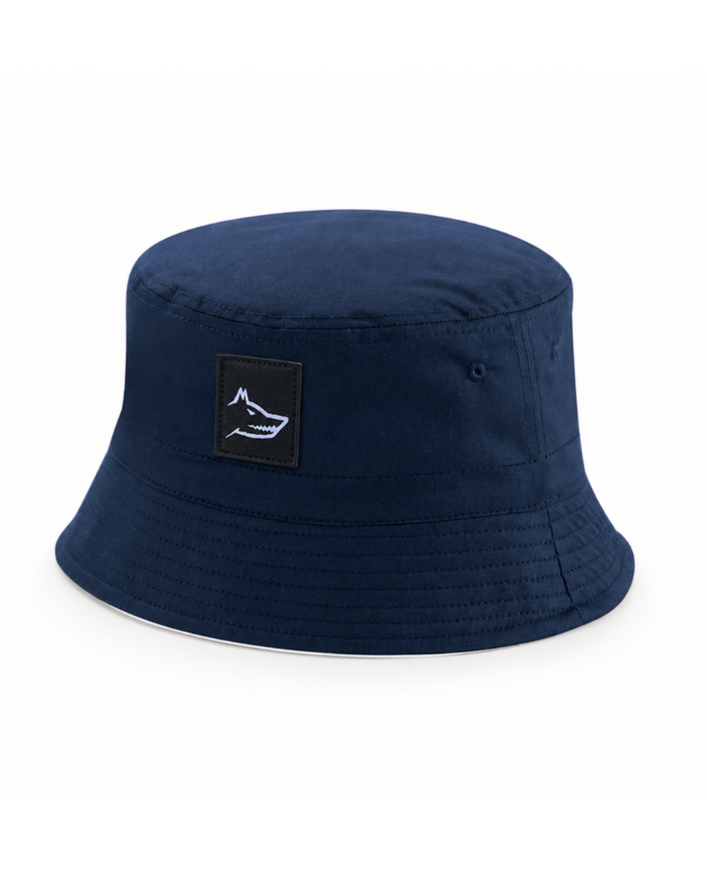 Navy blue bucket hat with a logo patch on a white background