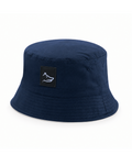 Navy blue bucket hat with a logo patch on a white background