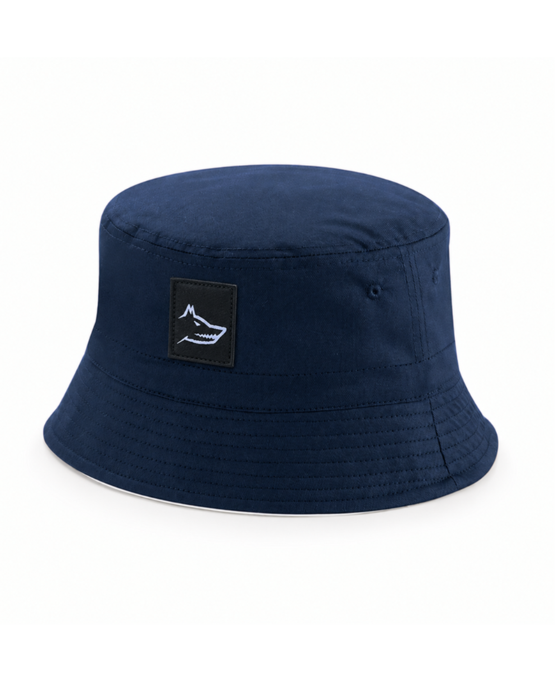 Navy blue bucket hat with a logo patch on a white background