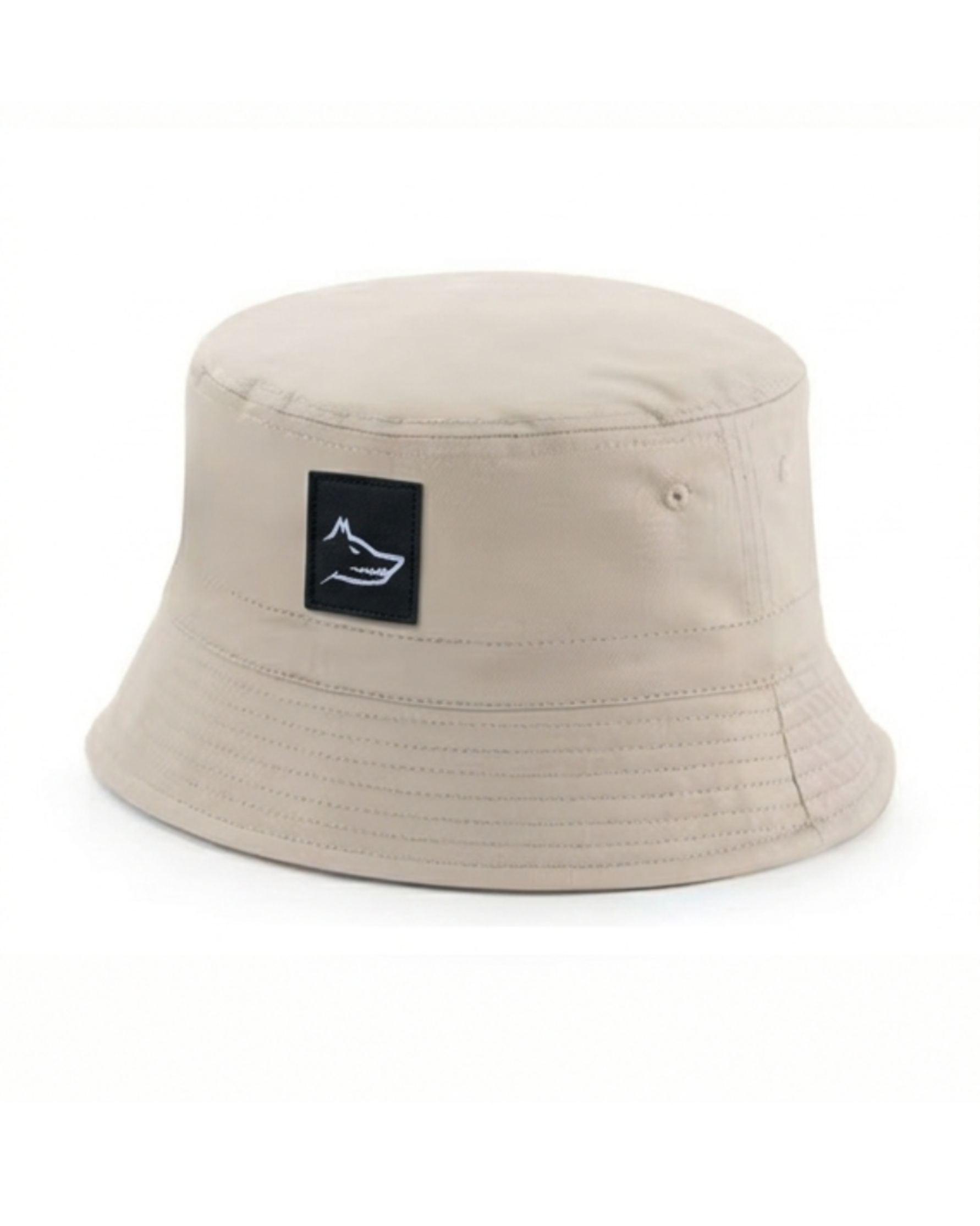 Beige bucket hat with a black wolf logo