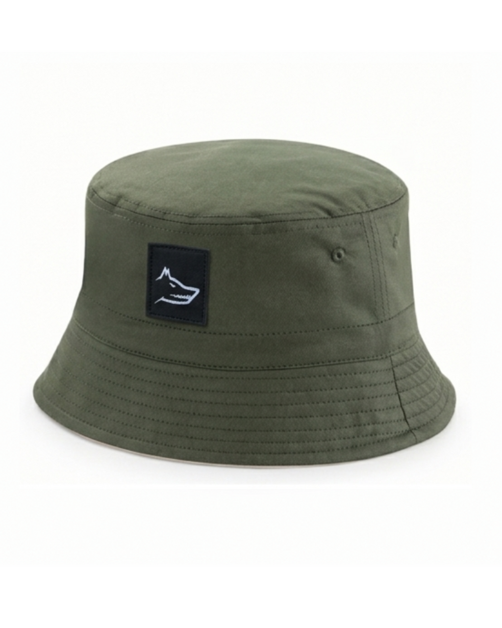 Khaki bucket hat with a wolf logo