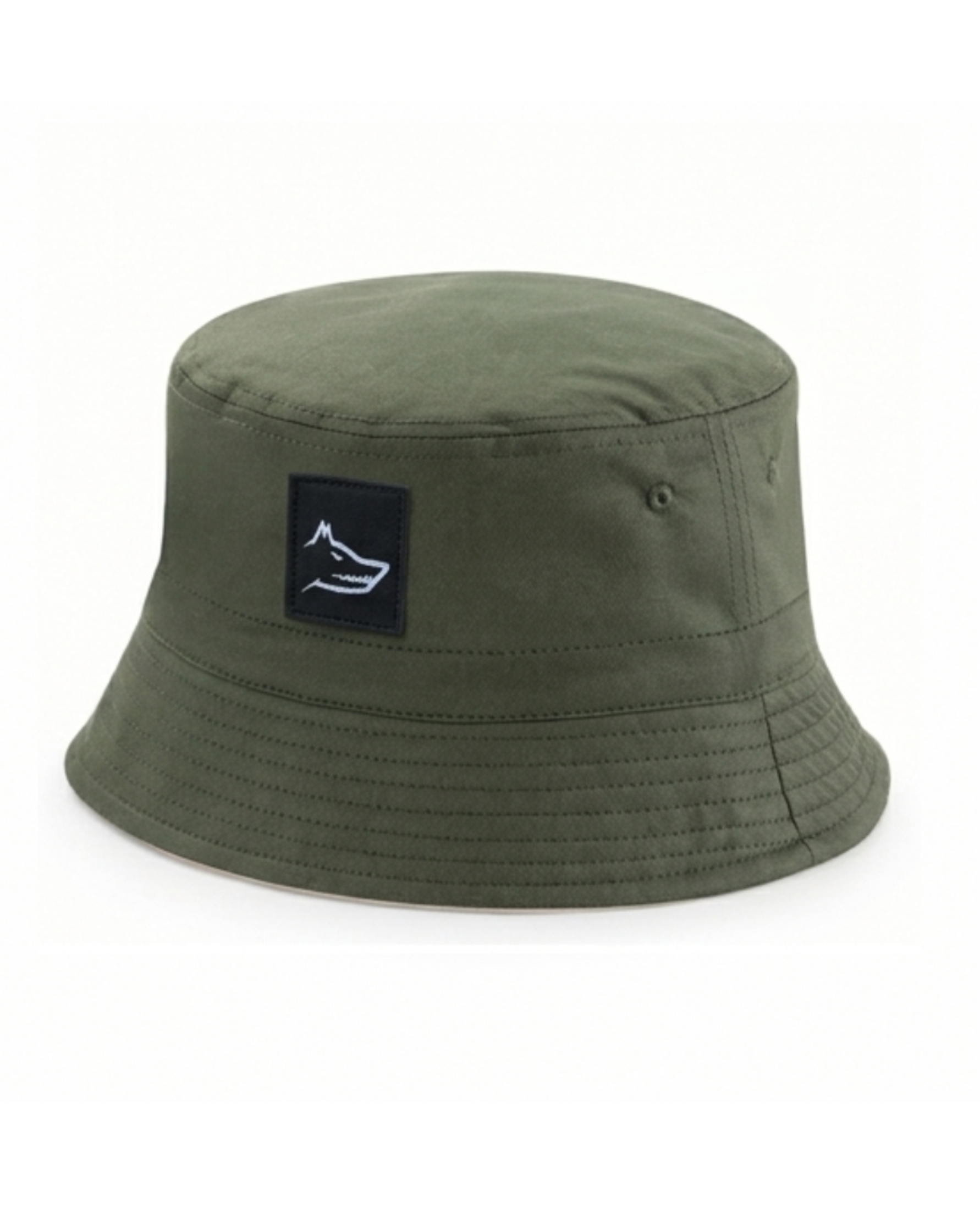 Khaki bucket hat with a wolf logo