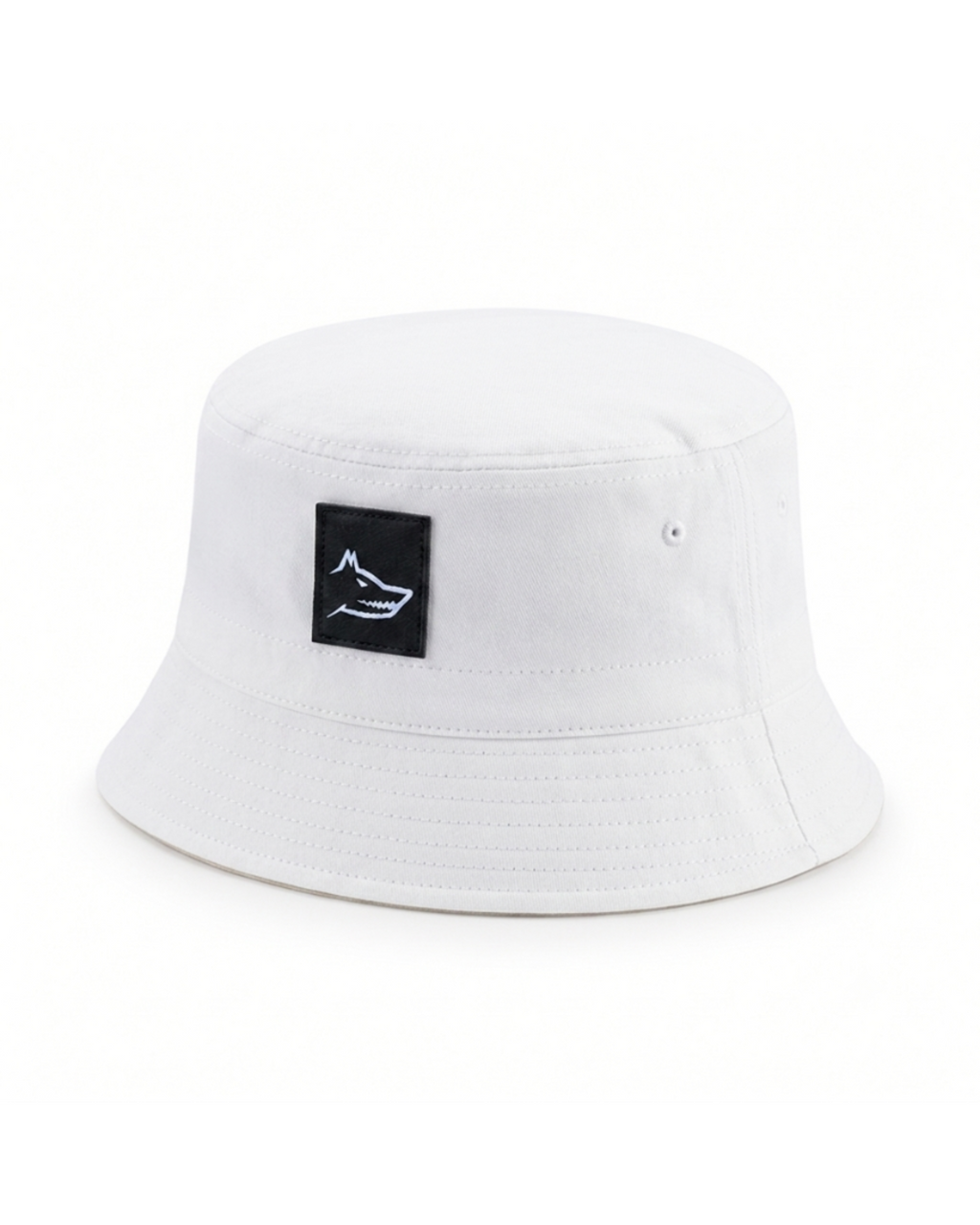 White bucket hat with a black wolf logo on a white background