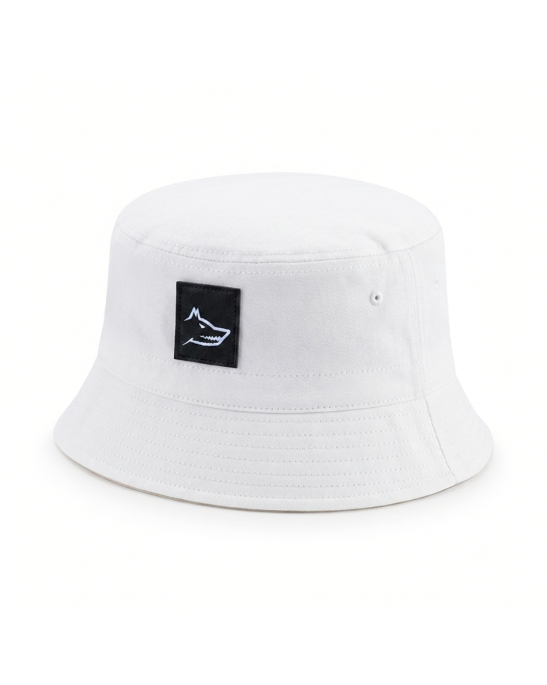White bucket hat with a black wolf logo on a white background