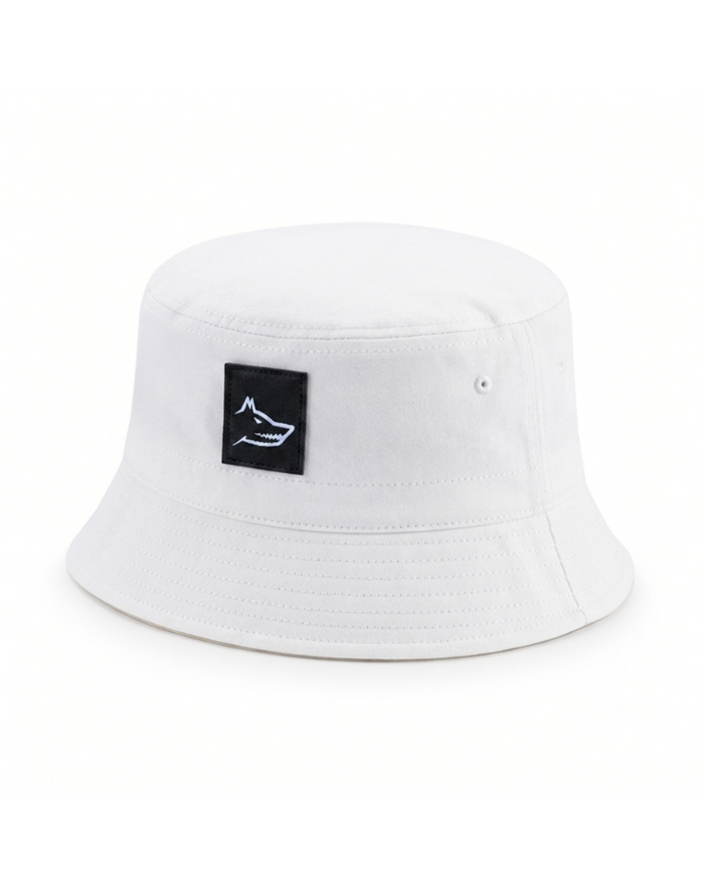 White bucket hat with a black wolf logo on a white background