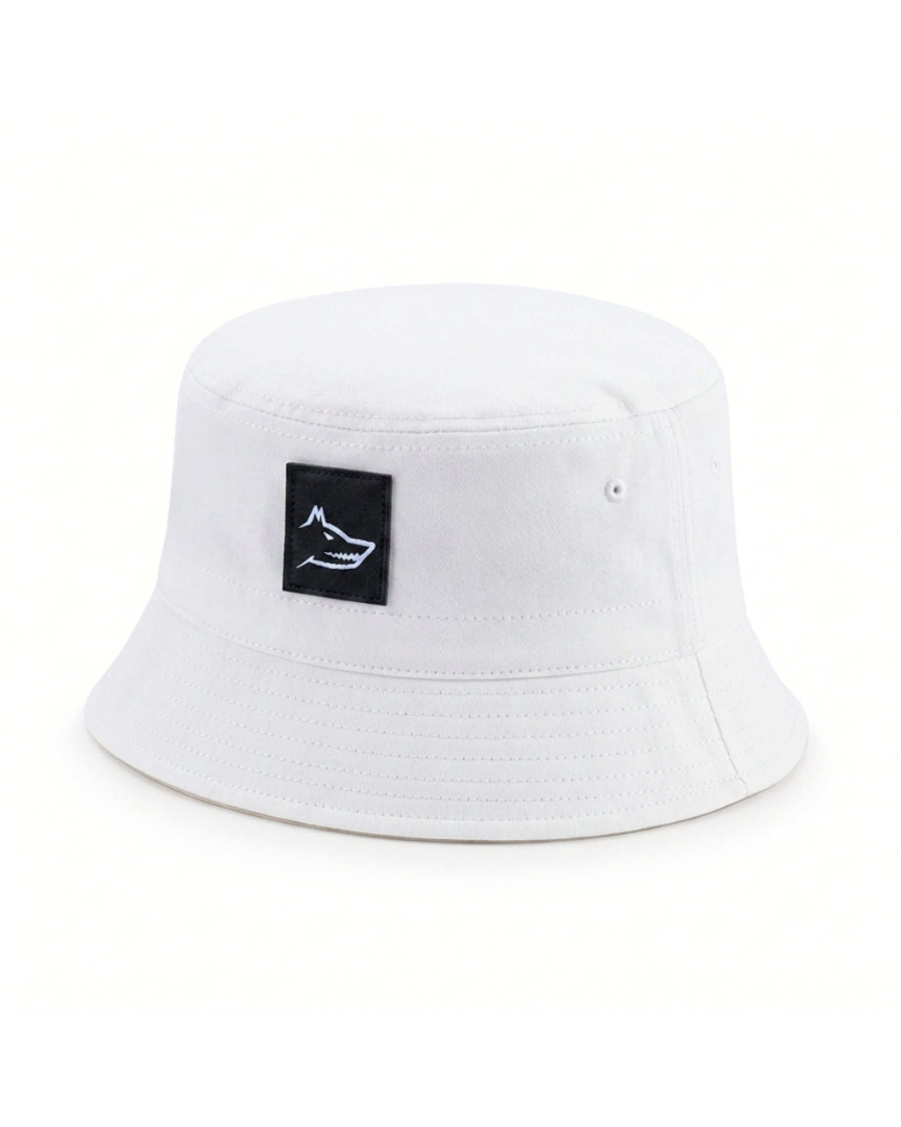 White bucket hat with a black wolf logo on a white background