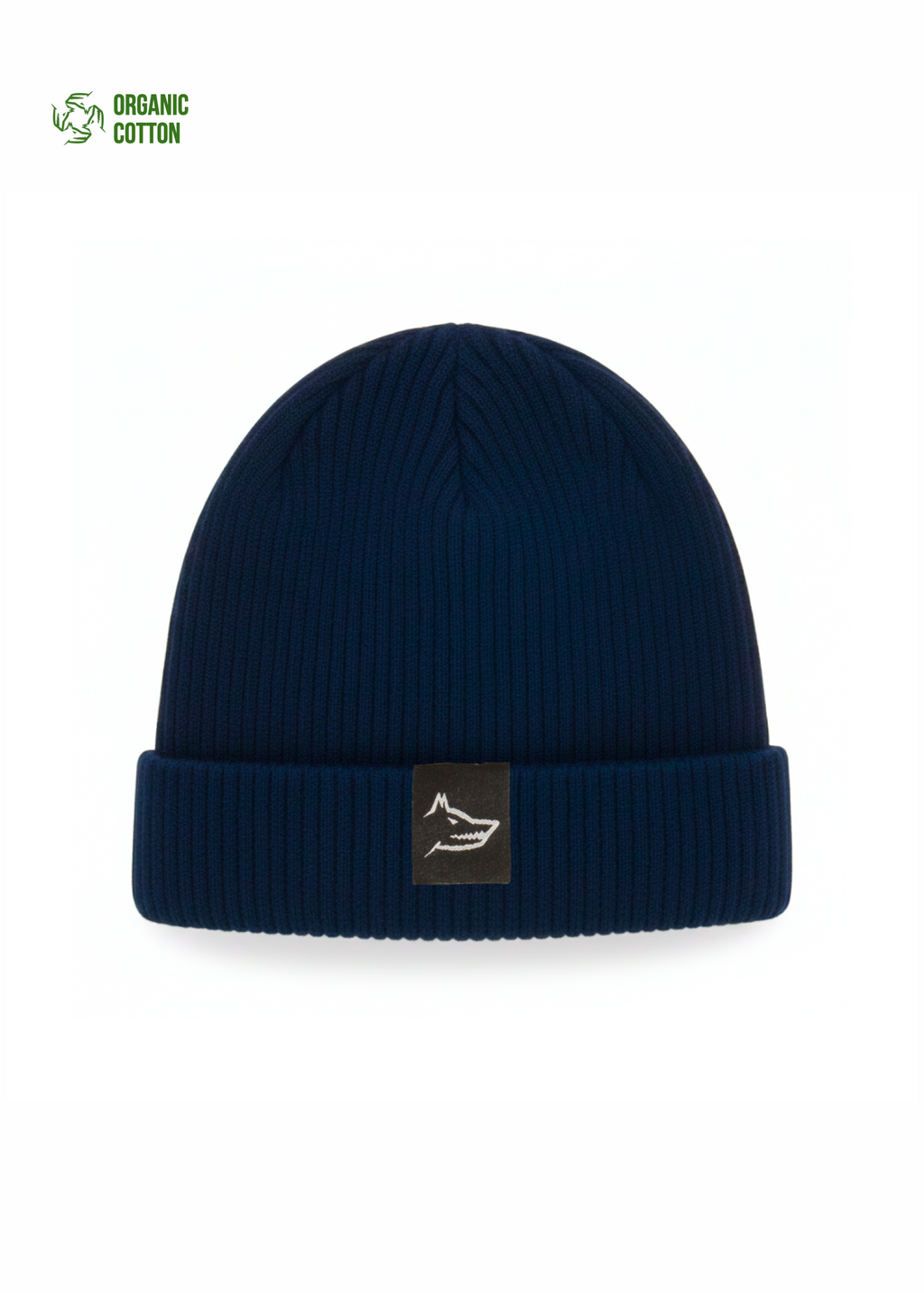 organic cotton Navy blue beanie with a Northwind wolf logo on a white background