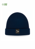 organic cotton Navy blue beanie with a Northwind wolf logo on a white background