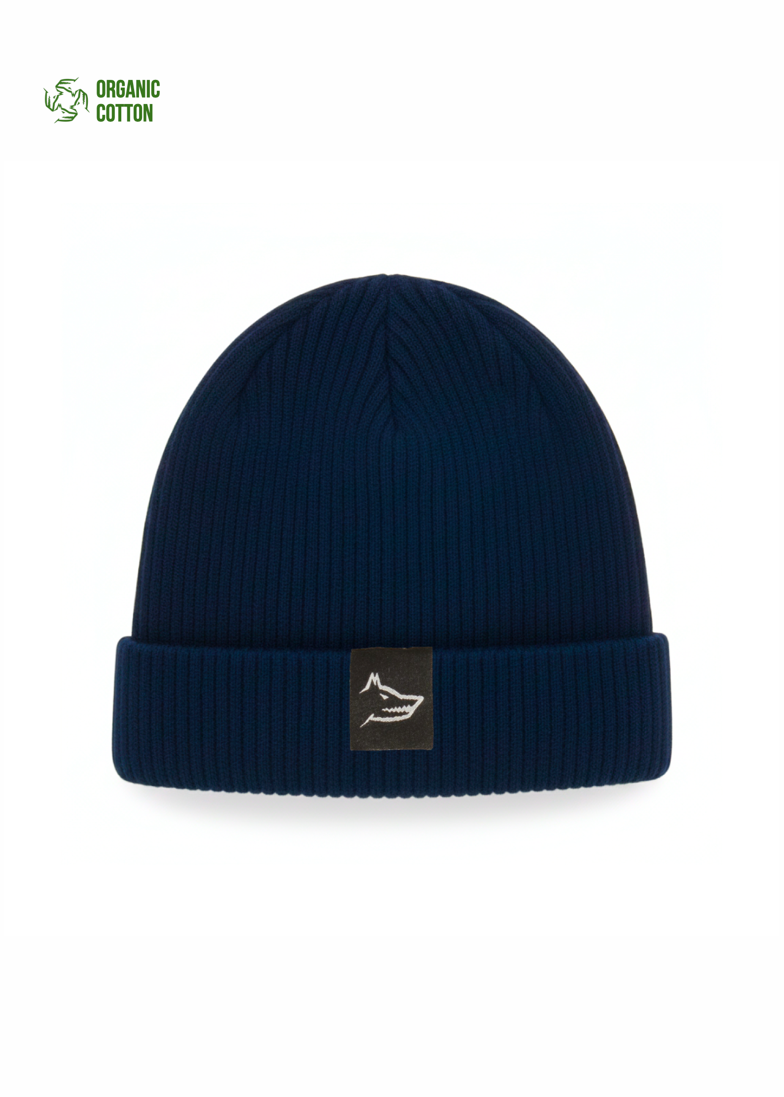 organic cotton Navy blue beanie with a Northwind wolf logo on a white background
